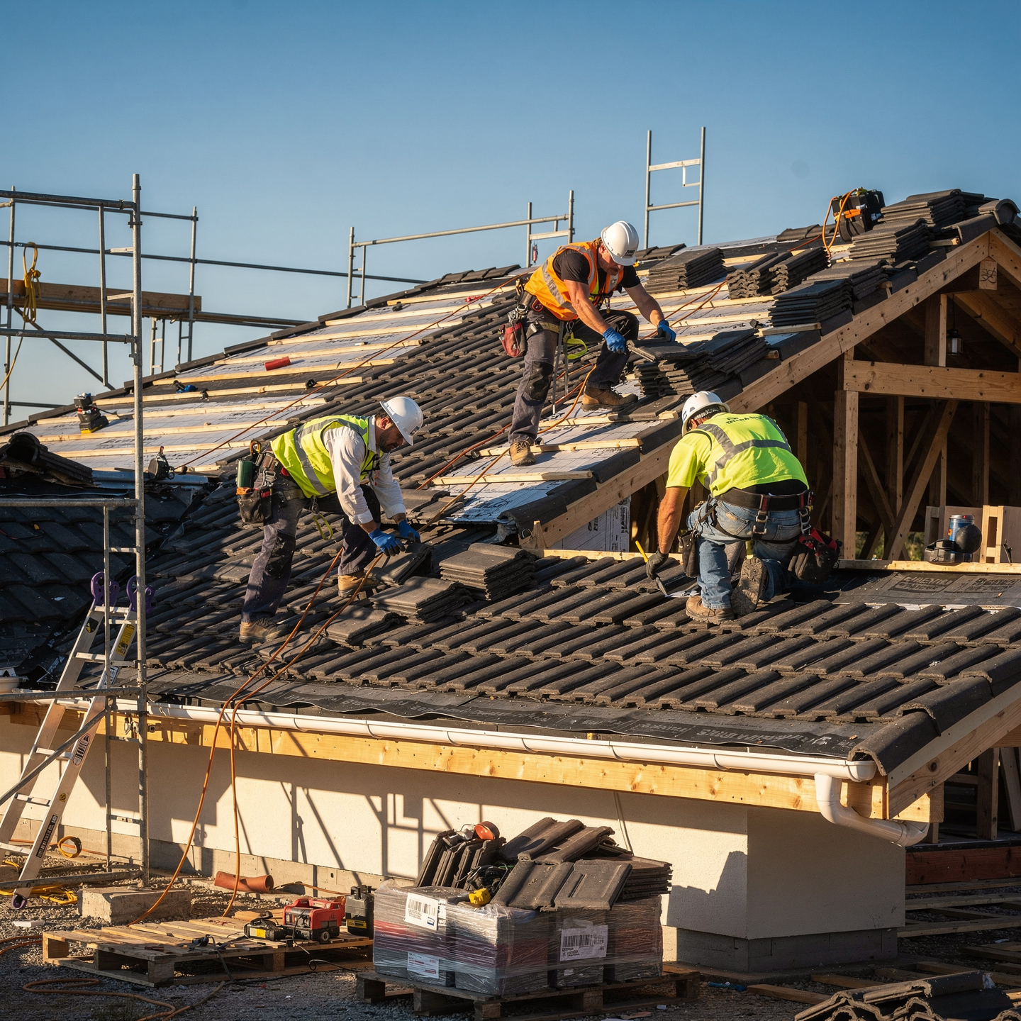 Professional roofing contractors performing residential roof installation and repair work