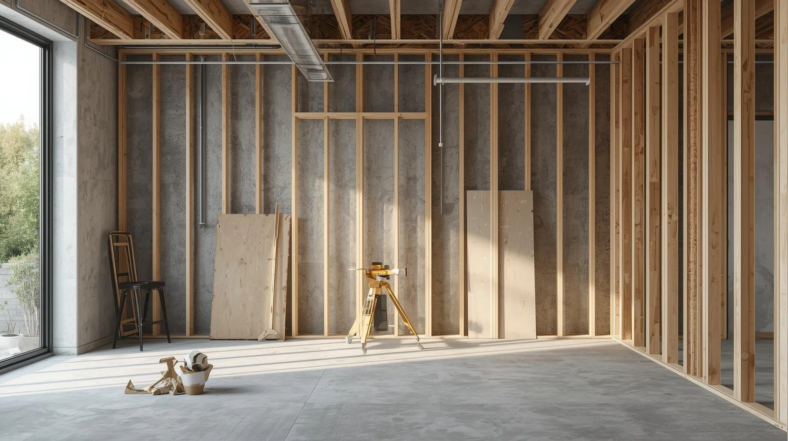 Residential renovation in progress showing framing and structural construction work