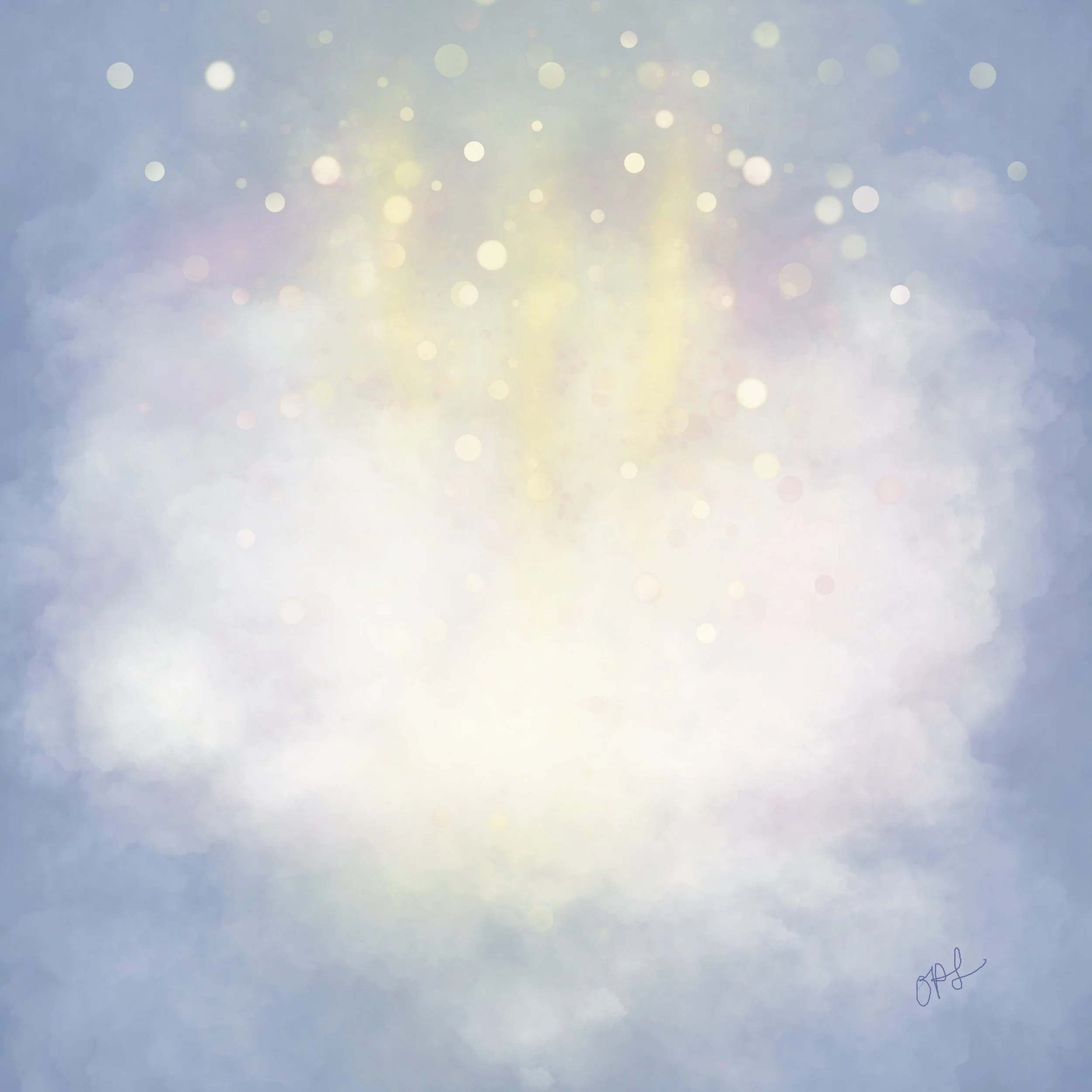 Light blue background with etheric cloud-like splashes, hints of yellow and pink, and bubbles of light.