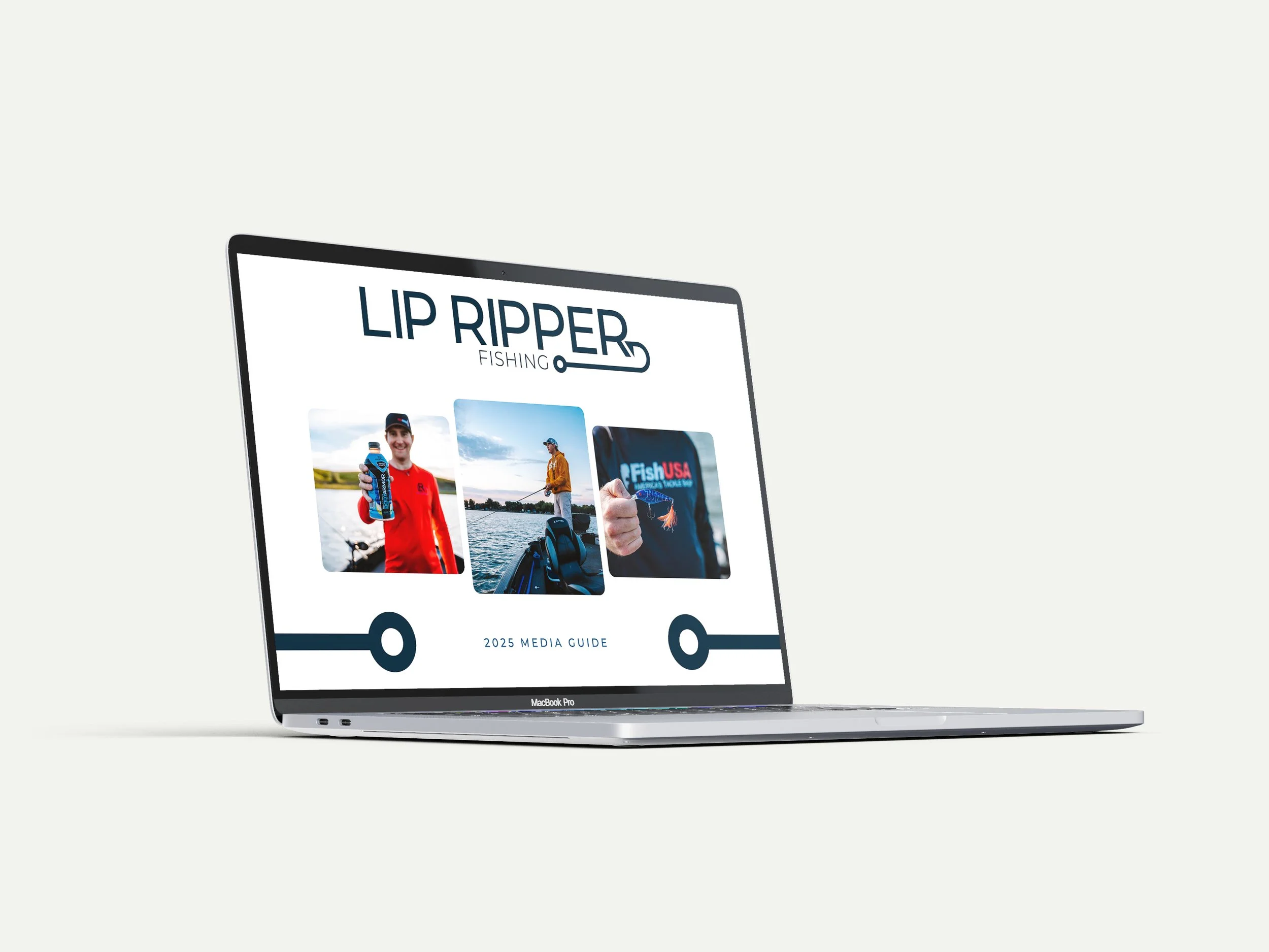 Open MacBook Pro displaying a media guide titled 'LIP RPPER Fishing 2025 Media Guide' with images of people fishing.