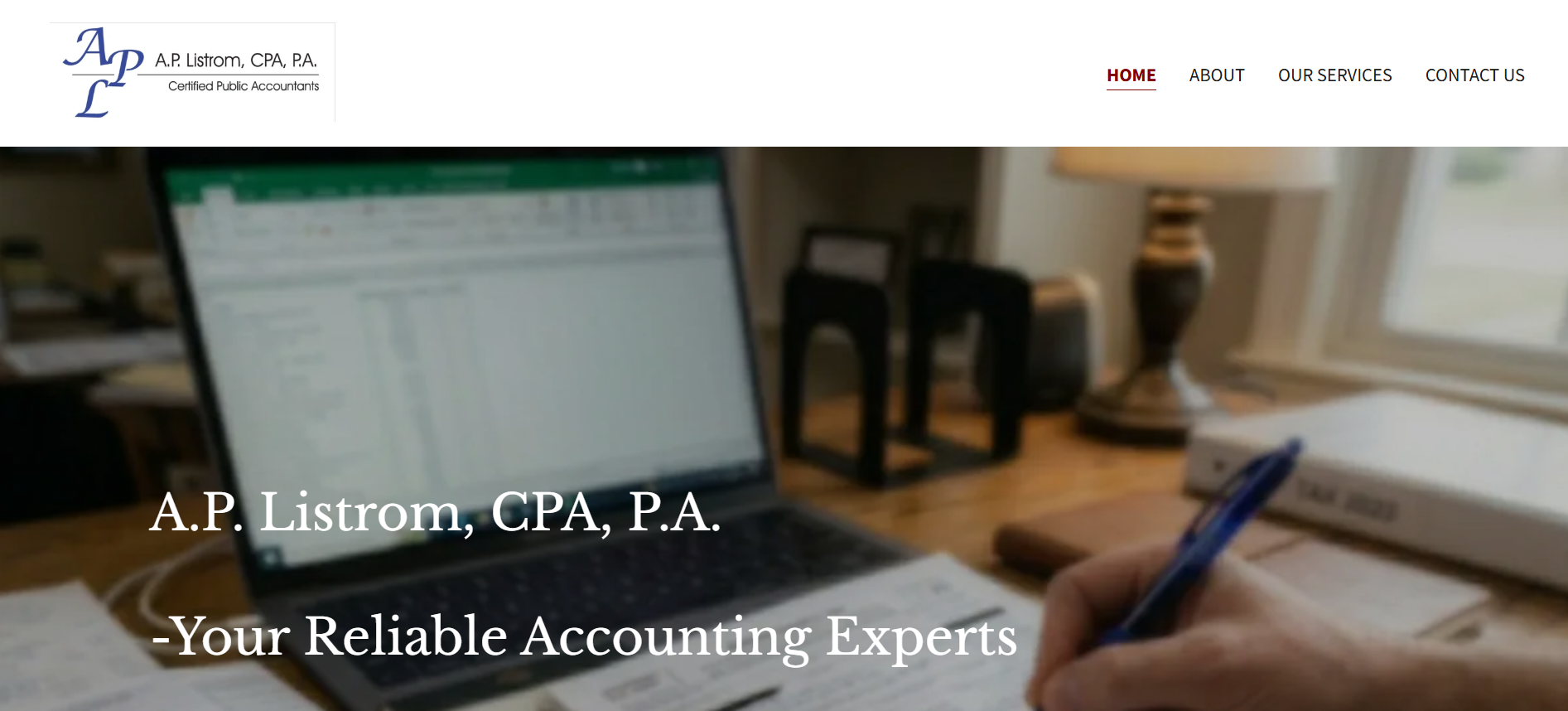 Screenshot of accounting website with logo, navigation menu, and a workspace with a laptop, papers, and office supplies.