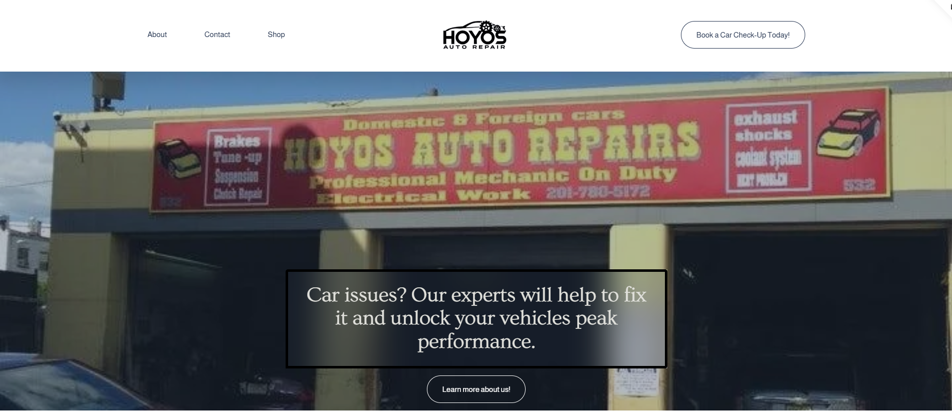 Sign for Hoyos Auto Repairs advertising domestic and foreign car repairs, professional mechanic on duty, electrical work, brakes, tune-up, suspension, oil change, exhaust shocks, cooling system, air filters, with phone number 209-780-5172.