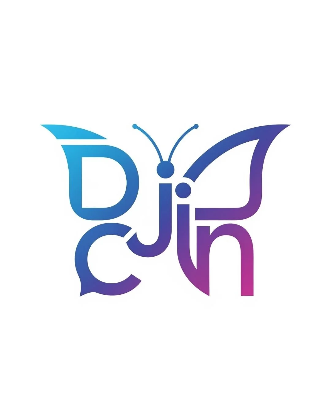 A logo with the letters D, J, C, H arranged to form a butterfly shape with gradient blue and purple colors.