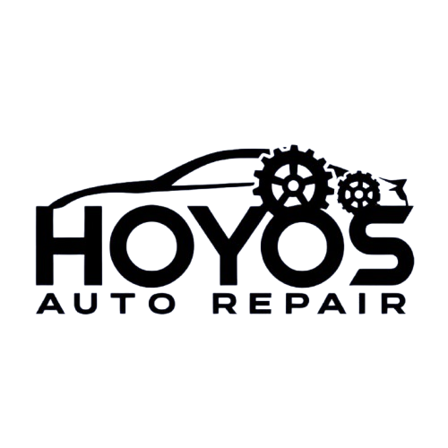 Logo for Hoyos Auto Repair featuring a line drawing of a car with gears and the business name.