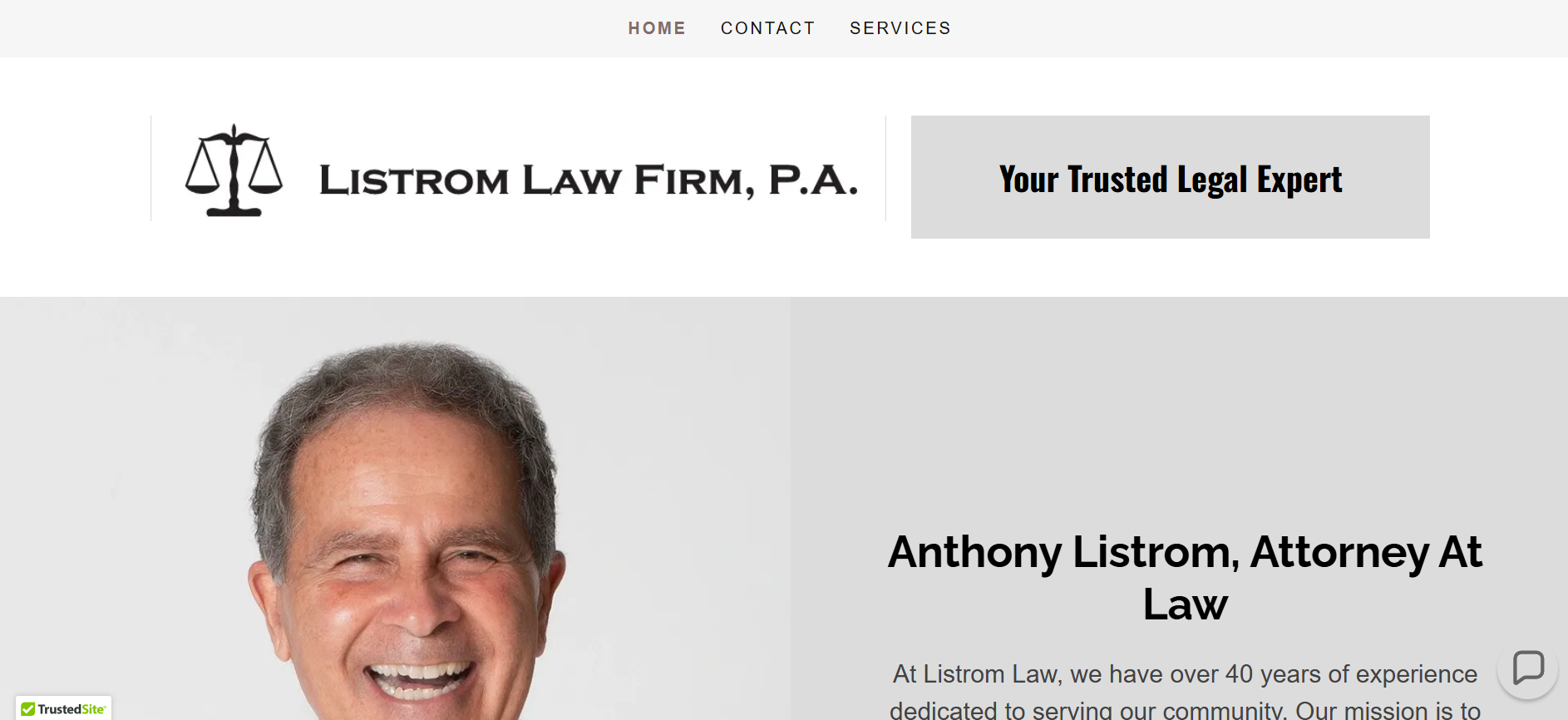 Screenshot of a law firm's webpage with the firm's logo, a scales of justice icon, and the name 'Listrom Law Firm, P.A.' Also features a tagline 'Your Trusted Legal Expert' and a photo of Attorney Anthony Listrom smiling, with introductory text about his experience and services.