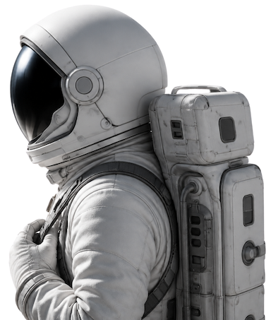 Astronaut in a space suit carrying a large equipment pack.