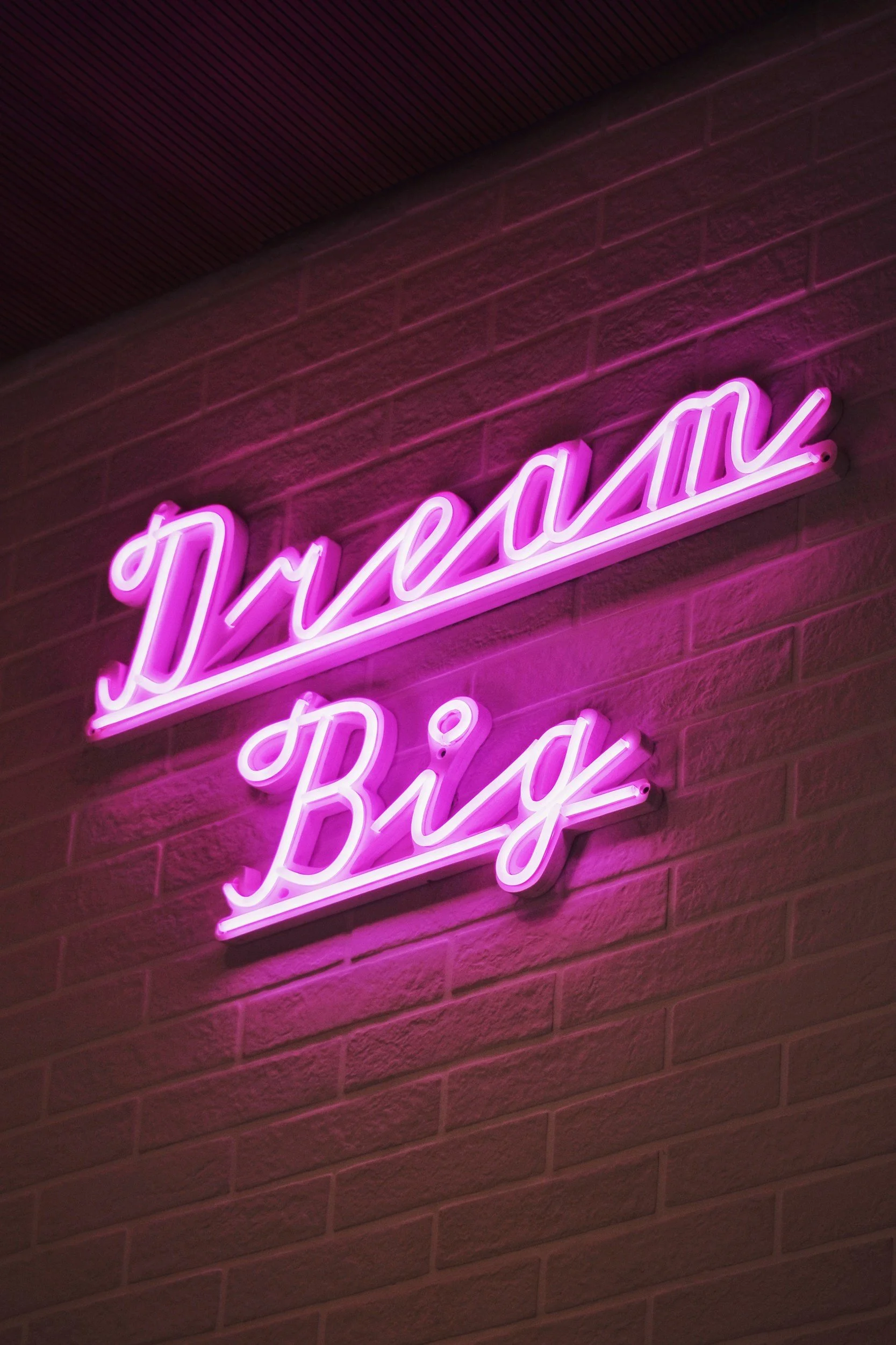 Pink neon sign on a brick wall reads 'Dream Big' in cursive.