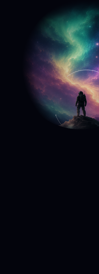 An astronaut standing on a rocky surface gazing at a colorful, cosmic sky with swirling clouds and stars.