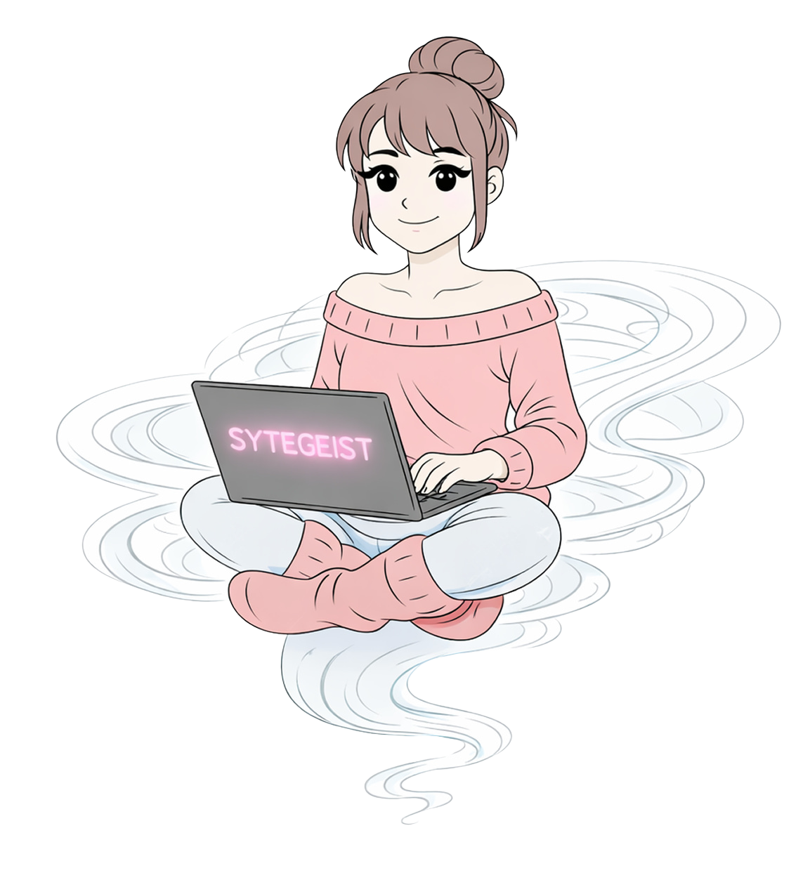 A girl with brown hair tied in a bun, sitting cross-legged on a cloud, using a laptop with the word 'SYTEGEIST' glowing on the screen, wearing a pink off-the-shoulder sweater and white pants.