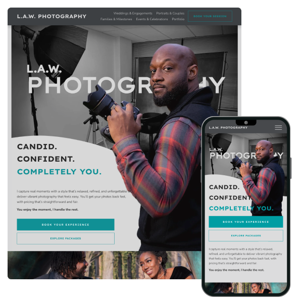 A man with a beard and a shaved head holding a professional camera in a photography studio with lighting equipment. The image is displayed on a website and a mobile phone screen featuring a photography business called L.A.W. Photography.