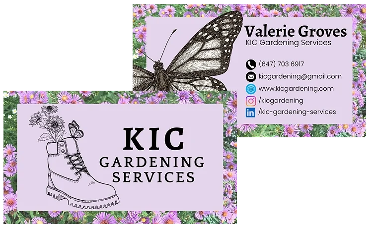 Business card for KIC Gardening Services with a purple background, a floral border, and a black butterfly. Includes contact information, social media icons, and a logo of a boot with flowers.