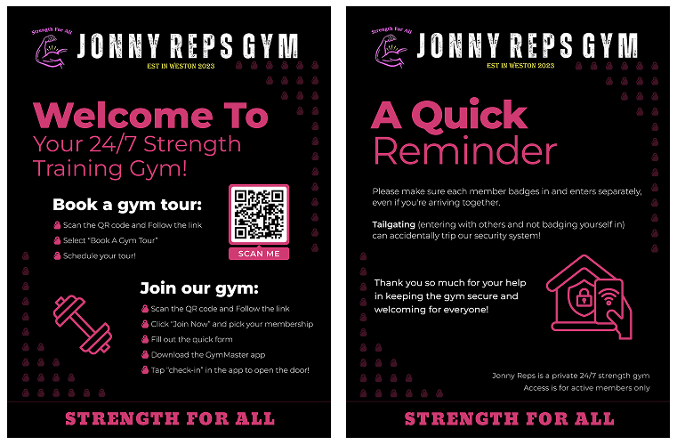 Flyer for Jonny Reps Gym with information on gym tours, membership, and security reminders, featuring pink and black design elements.