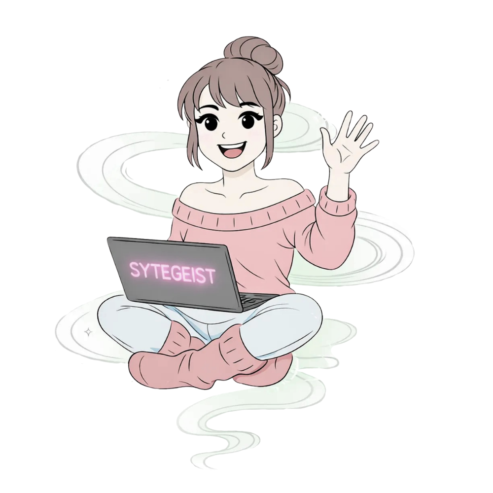 A cartoon woman sitting cross-legged with a laptop that says "SYTEGEIST," waving and smiling.