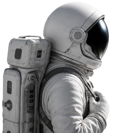 A person in a space suit with a helmet and a backpack-style oxygen supply