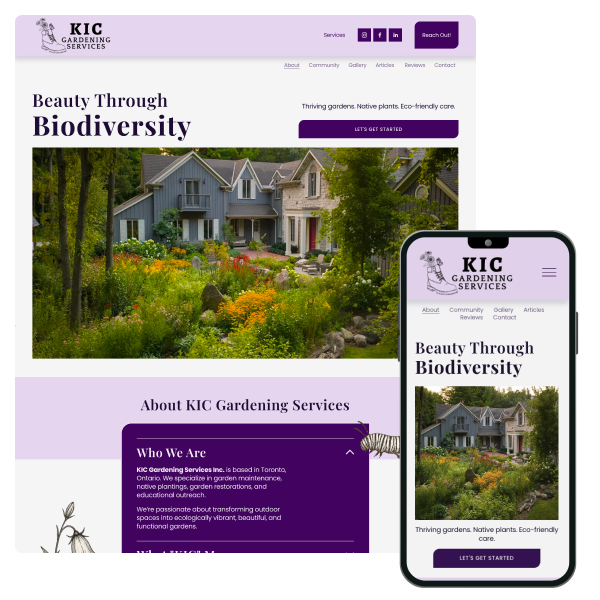 Screenshot of KIC Gardening Services website displaying a lush garden with a house, colorful flowers, and trees, emphasizing biodiversity and eco-friendly gardening.