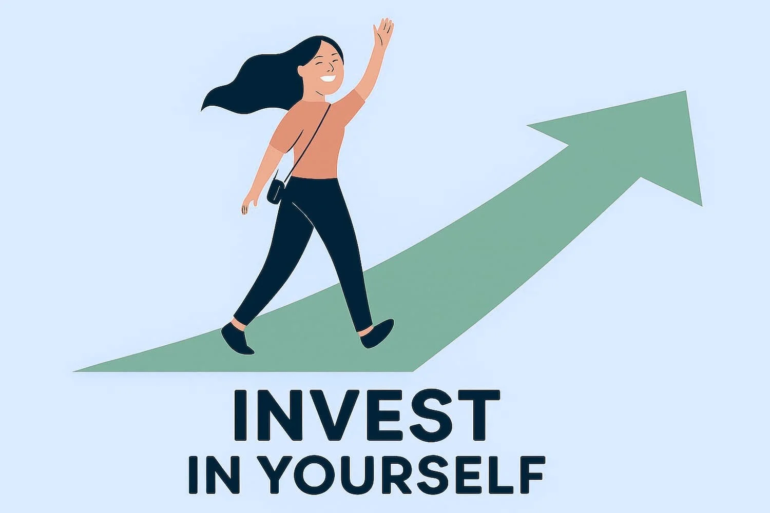A smiling woman walking on an upward arrow graphic with the words "Invest in Yourself" below.