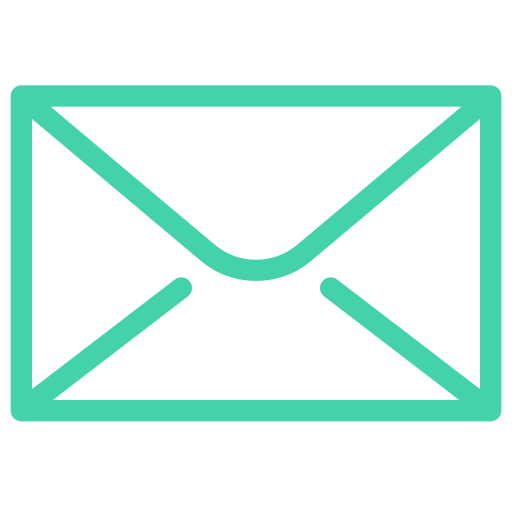 Outline of an envelope icon in teal color on a black background.