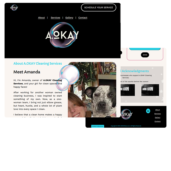 Screenshot of A.OKAY Cleaning Services website homepage with a woman and a dog in the main image, black background, and navigation links for About, Services, Gallery, Contact, and a schedule service button.