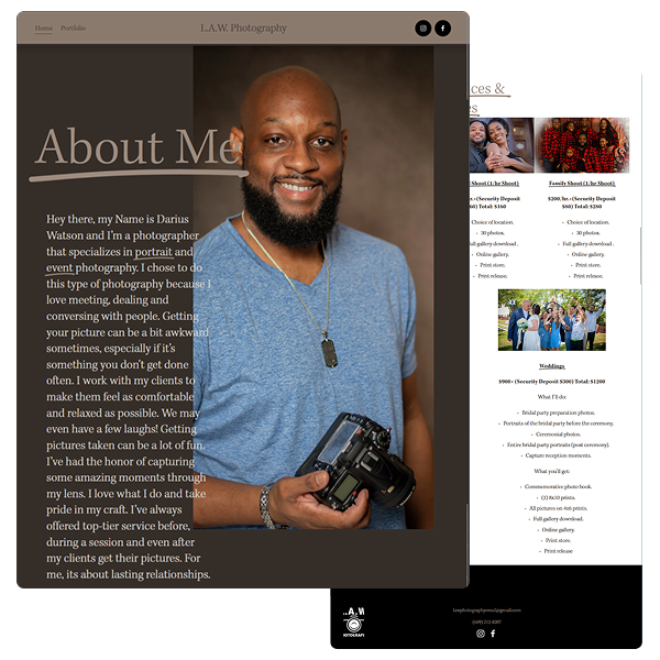 Photograph of a smiling man with a beard wearing a blue shirt and a necklace, holding a professional camera with a strap, in a portrait setting.