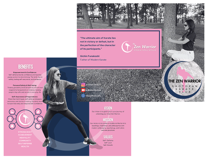 Fitness club brochure with a woman practicing yoga outdoors, featuring text about benefits, mission, vision, and values, with social media icons.
