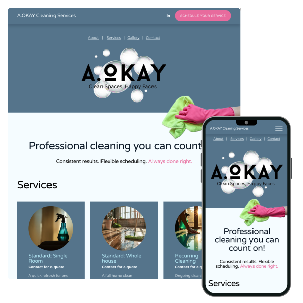 Screenshot of A OKAY Cleaning Services website showing the logo, a cleaning glove, and listed services on a mobile device and desktop.
