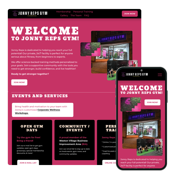 A promotional webpage and mobile view for Jonny Reps Gym featuring a bright pink background, gym images, and sections about events, services, and membership offers.