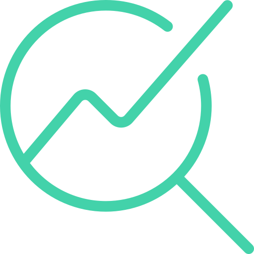 Magnifying glass with a line graph inside showing an upward trend.