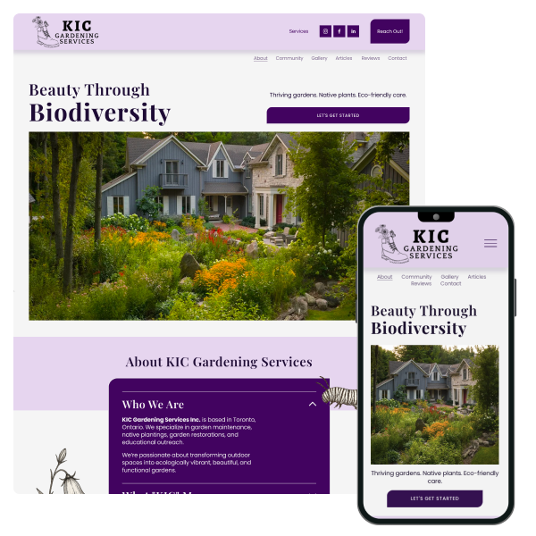 Screenshot of KIC Gardening Services website showing a garden with colorful flowers and a house, and a smartphone displaying the same webpage.