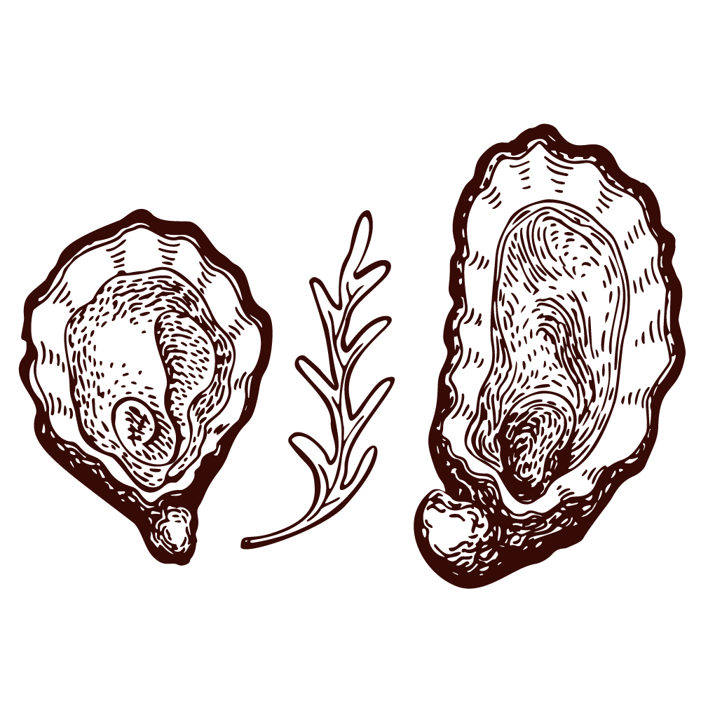 Two sliced pieces of steak with a sprig of rosemary in the middle, shown in a hand-drawn style on a black background.