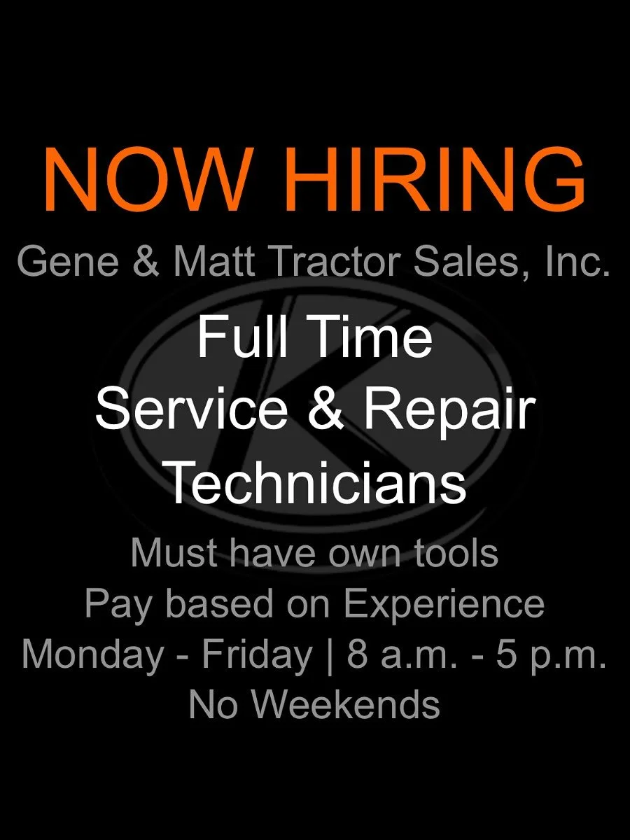 We are looking to expand our shop personnel. Currently hiring Service and Repair Technicians, as well as Assembly Technicians. Stop by and fill out an application, or ask for our Shop Foreman for more information.

#kubota #kubotadealer #hiring