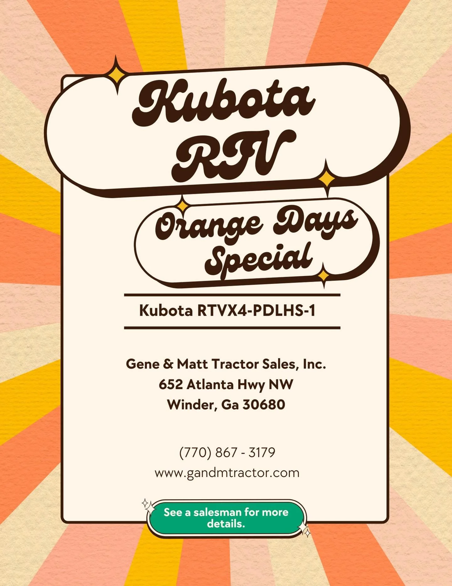We will be having a special on the Kubota RTVX4-PDLHS-1 on April 15! Be sure to stop by and ask for a salesman for more details!

#kubota #kubotadealer #kubotaorangedays