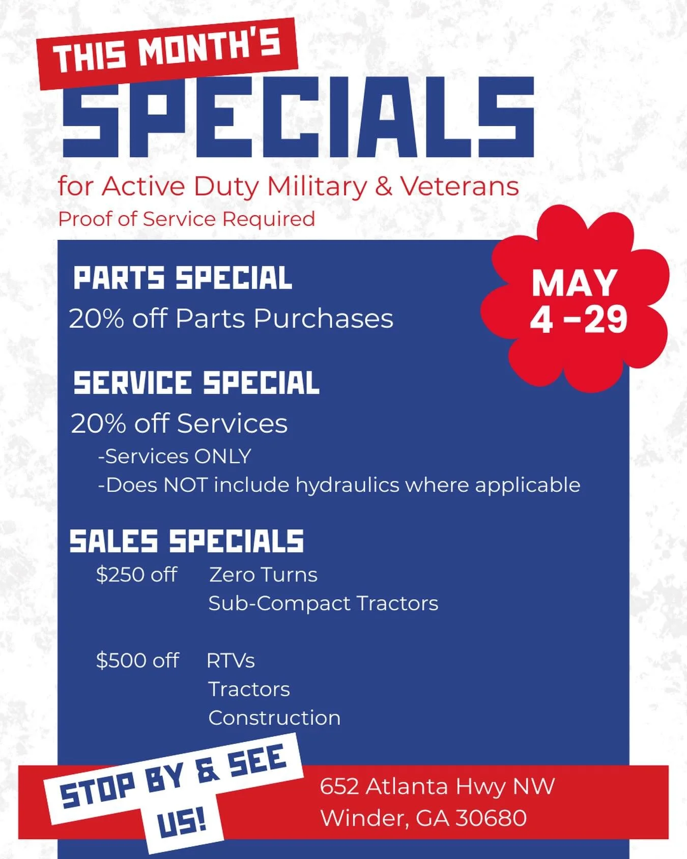 ✨MAY SPECIALS✨

Stop by this month and check out our current promotions!

We are running additional specials for Active Duty Military and Veterans for Military Appreciation Month. Proof of Service is required.

We look forward to seeing you!

#kubota