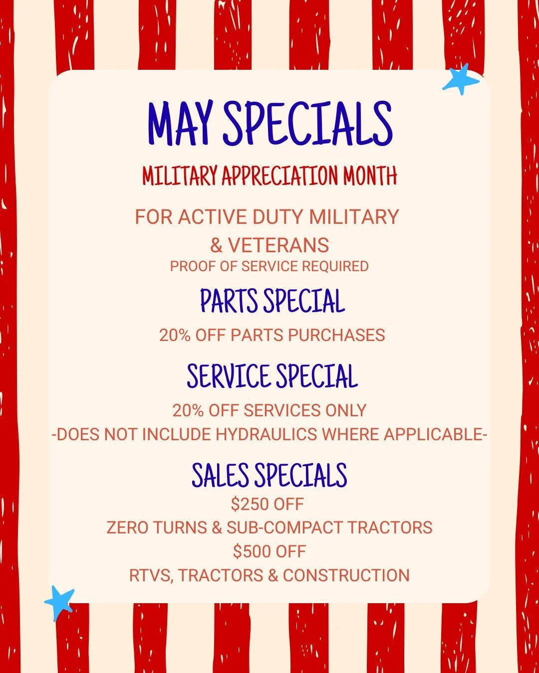✨MAY SPECIALS ✨

There's only 2 more weeks with our current specials! Stop by and take advantage of current promotions and discounts while they last!

#kubota #kubotadealer #kubotausa #kubotacountry #militaryappreciationmonth