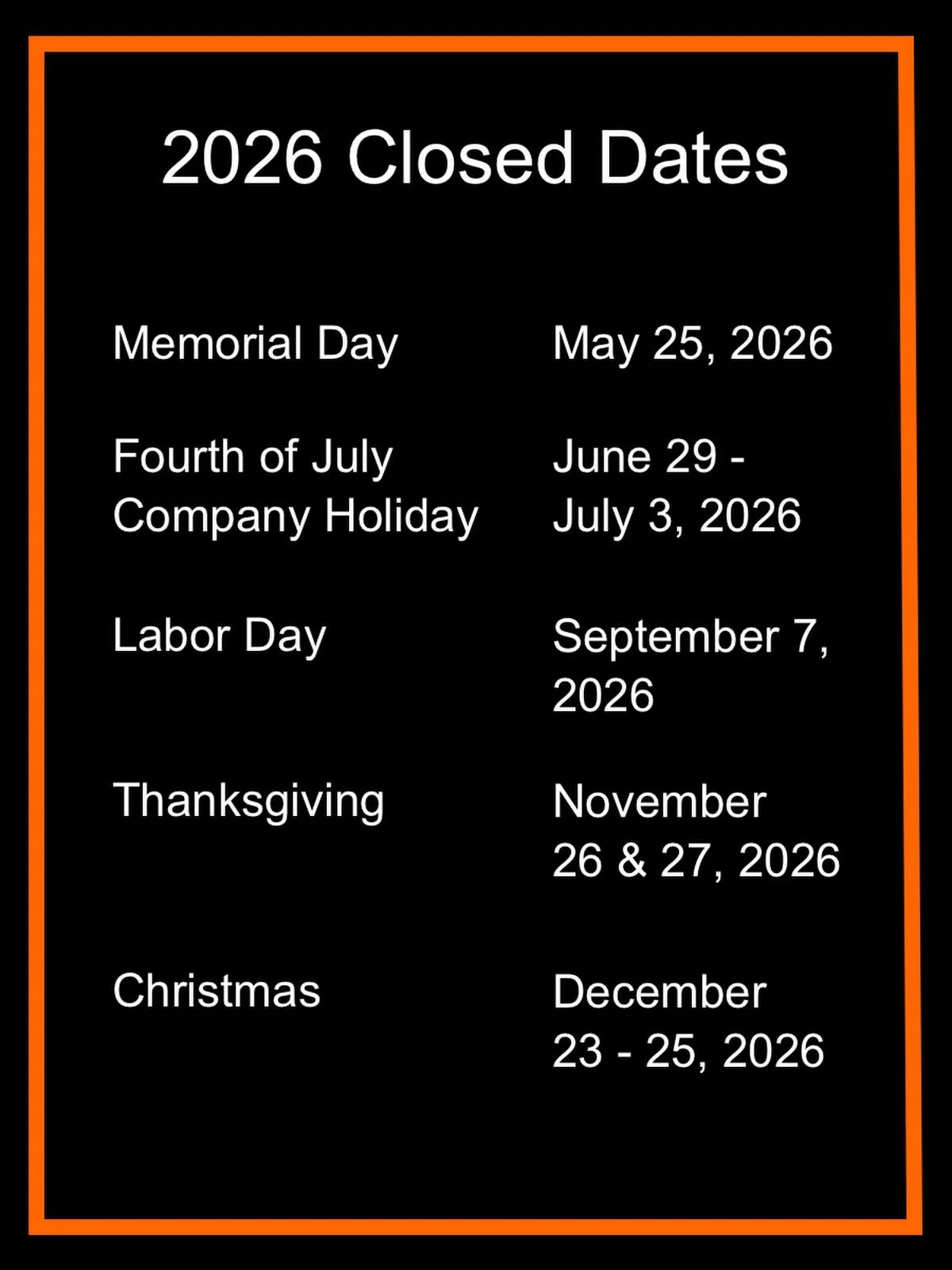 Our closed dates for the remainder of the year.

We will be closed Monday, May 25, 2026.

#kubota #kubotadealer