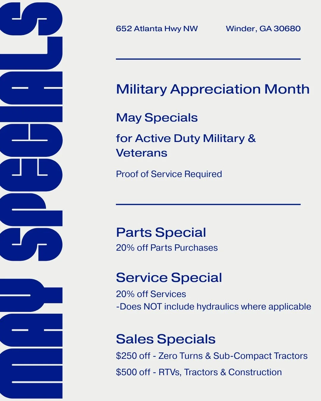 ✨MAY SPECIALS✨

It's the last week to take advantage of our May Specials! Stop by and see us!

#kubota #kubotadealer #kubotausa #militaryappreciationmonth