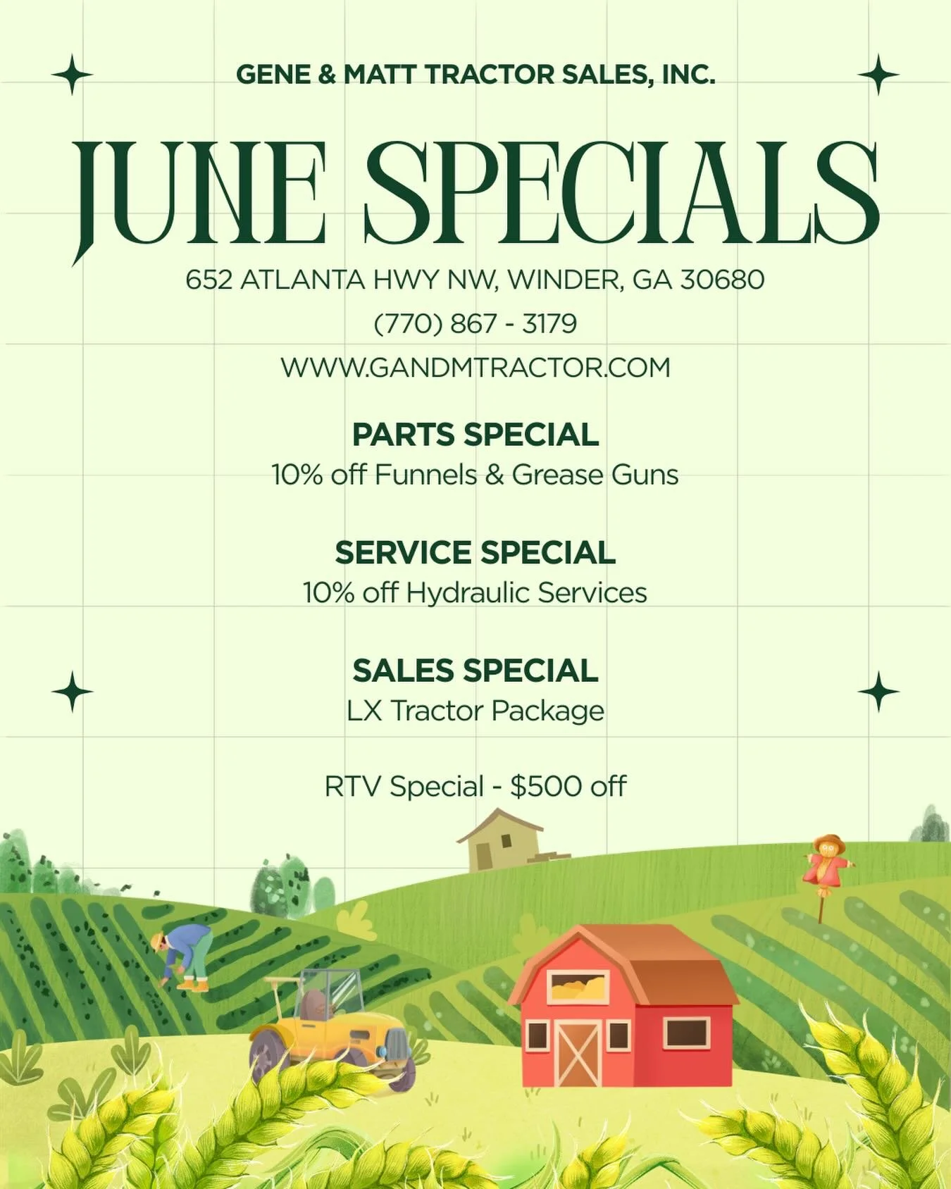 We have a number of specials running this month!

PARTS: 10% off funnels and grease guns
SERVICE: 10% off hydraulic services
SALES: LX Tractor package and $500 off any RTV purchase

Stop by and see us!

#kubota #kubotadealer #kubotausa #kubotacountry