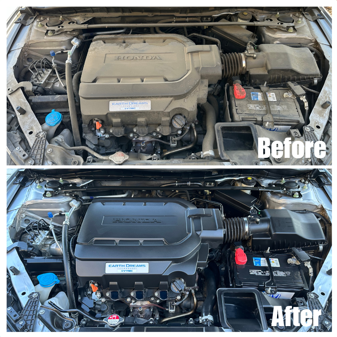 Engine Bay detail, before and after shot in Mountain House, CA.