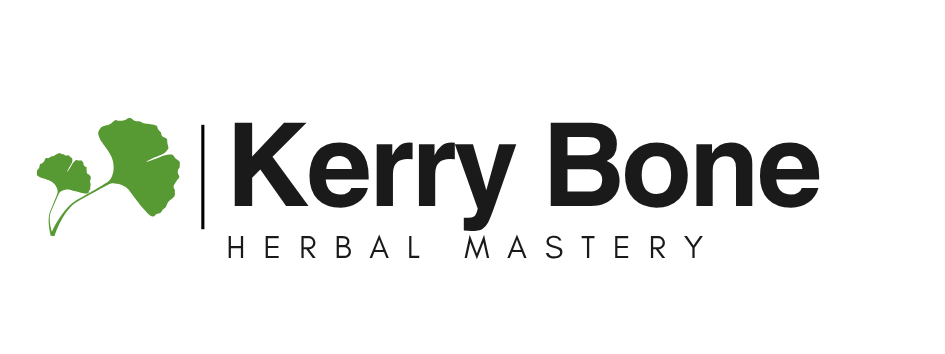 Kerry Bone Herbal Mastery logo with two green ginkgo leaves and black text.