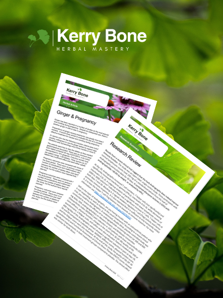 Two research papers from Kerry Bone Herbal Mastery with green leaf backgrounds, on a green leafy background.