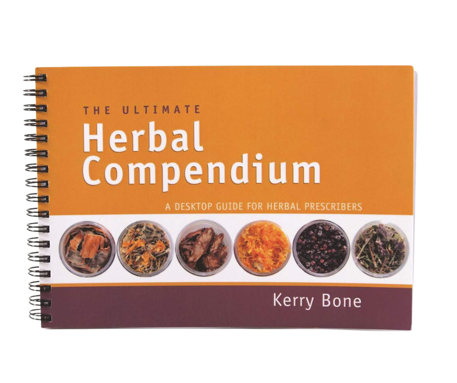 Cover of a book titled "The Ultimate Herbal Compendium" by Kerry Bone, featuring images of various herbal ingredients or teas.