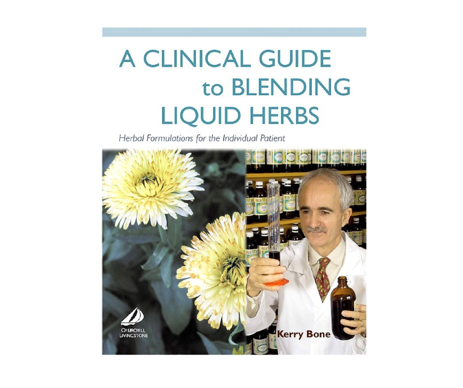 The cover of a book titled "A Clinical Guide to Blending Liquid Herbs" featuring a man in a white lab coat holding a beaker and a bottle, with a background of herbal bottles and yellow flowers.