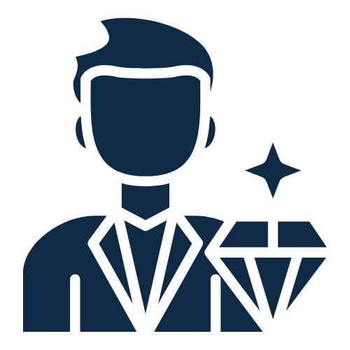 Line drawing of a man in a suit holding a large diamond, with a star-like spark nearby.