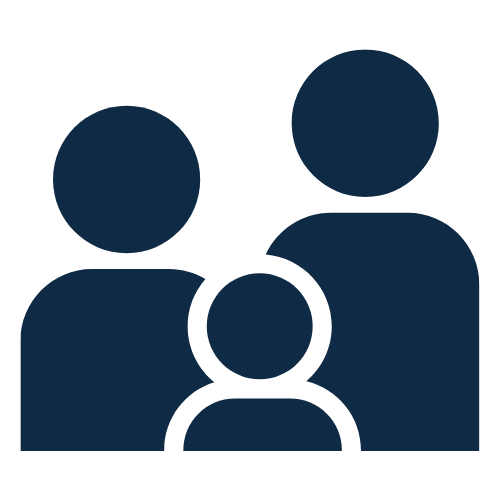 Icon of three dark blue human figures, two larger at the back and one smaller in front, representing a group or family.