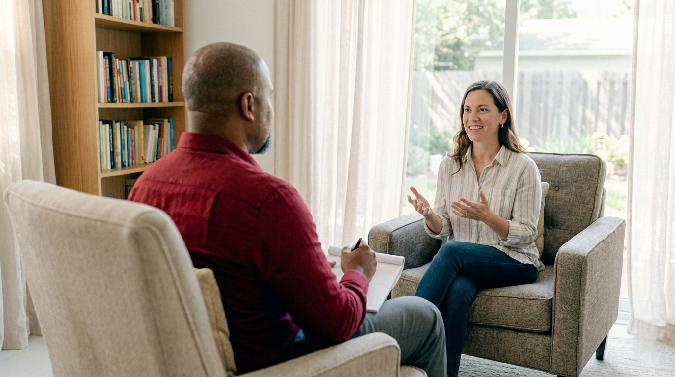 A woman talking and gesturing with her hands during a consultation with a man taking notes, both sitting in a cozy, well-lit room with a bookshelf and large windows showing a backyard.