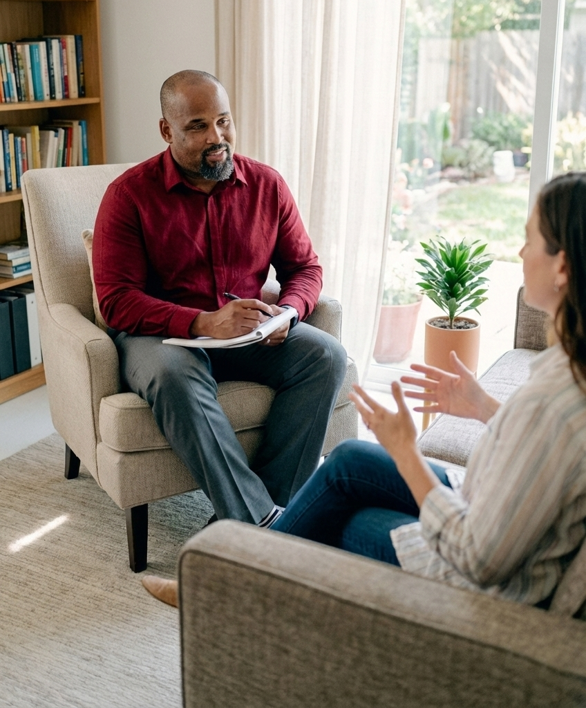 A man in a red shirt and gray pants sitting in a beige armchair, taking notes, having a conversation with a woman in a striped shirt sitting on a sofa, near a large window with a garden view, and a potted plant on a side table.