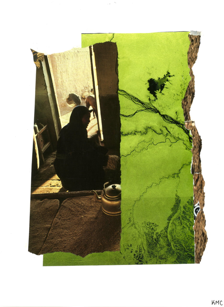 A torn piece of paper with a photograph of a woman sitting inside near a window and a landscape drawing on the right side, both parts of the collage.