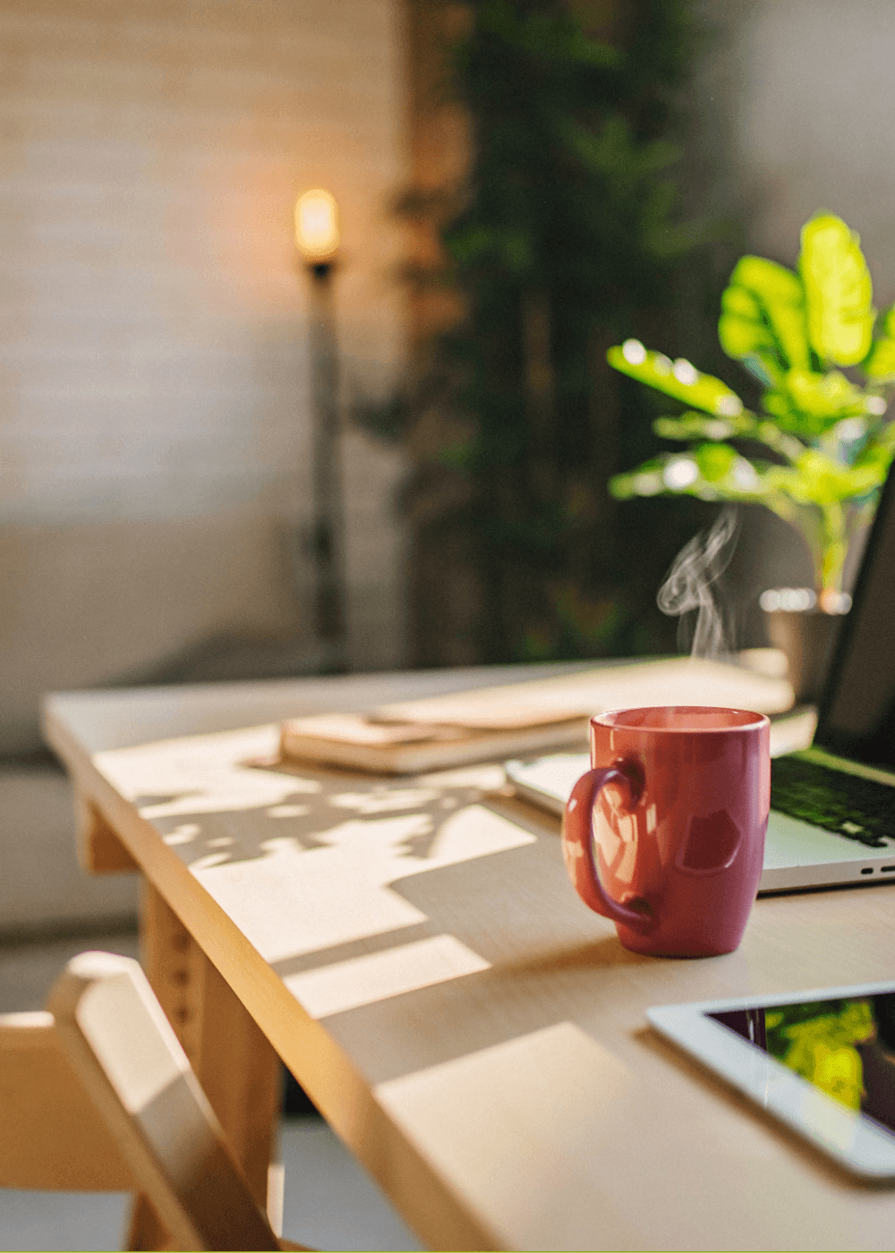Cozy virtual workspace for EMDR consultation with coffee, laptop, and natural light