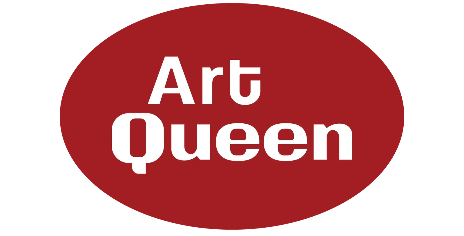 Red oval shape with the words 'Art Queen' written in white text inside of it.