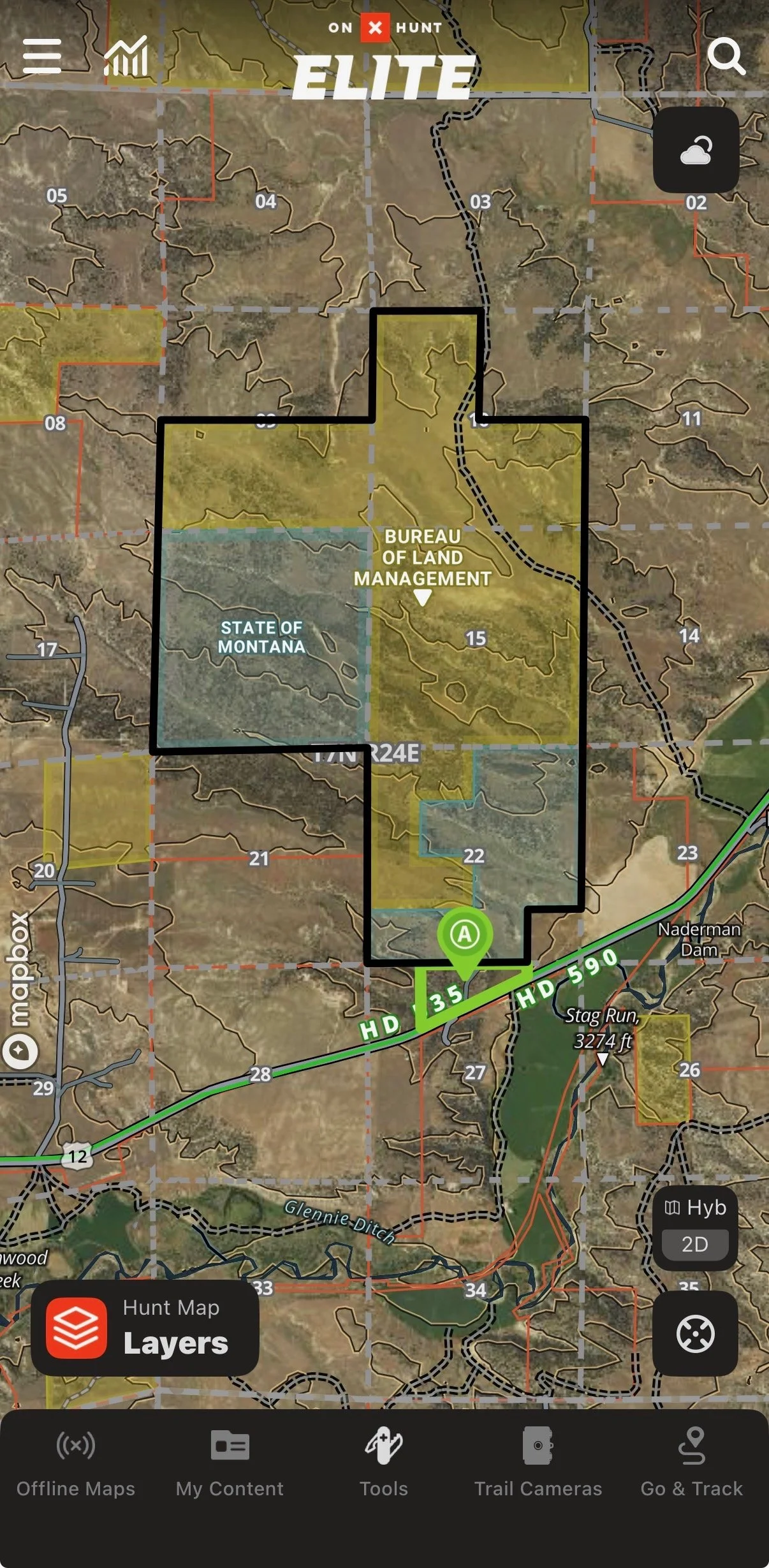 Map showing land management areas, including Bureau of Land Management and State of Montana, along with roads, trails, and terrain features in a region of Montana.