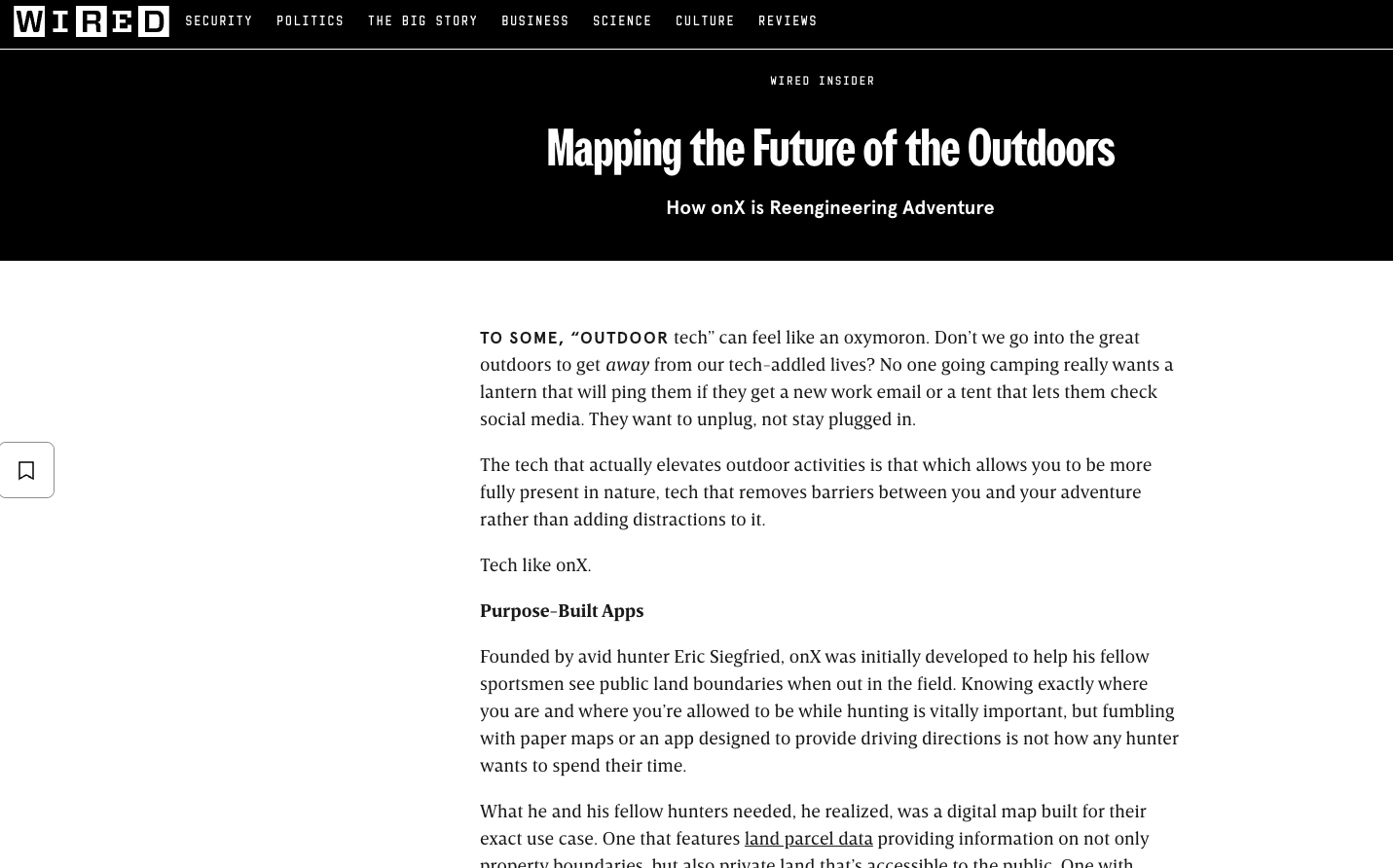 Image of a Wired.com story about onX and how it is reenineering adventure.